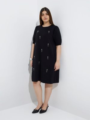Gia Black Embellished Cotton A-Line Dress