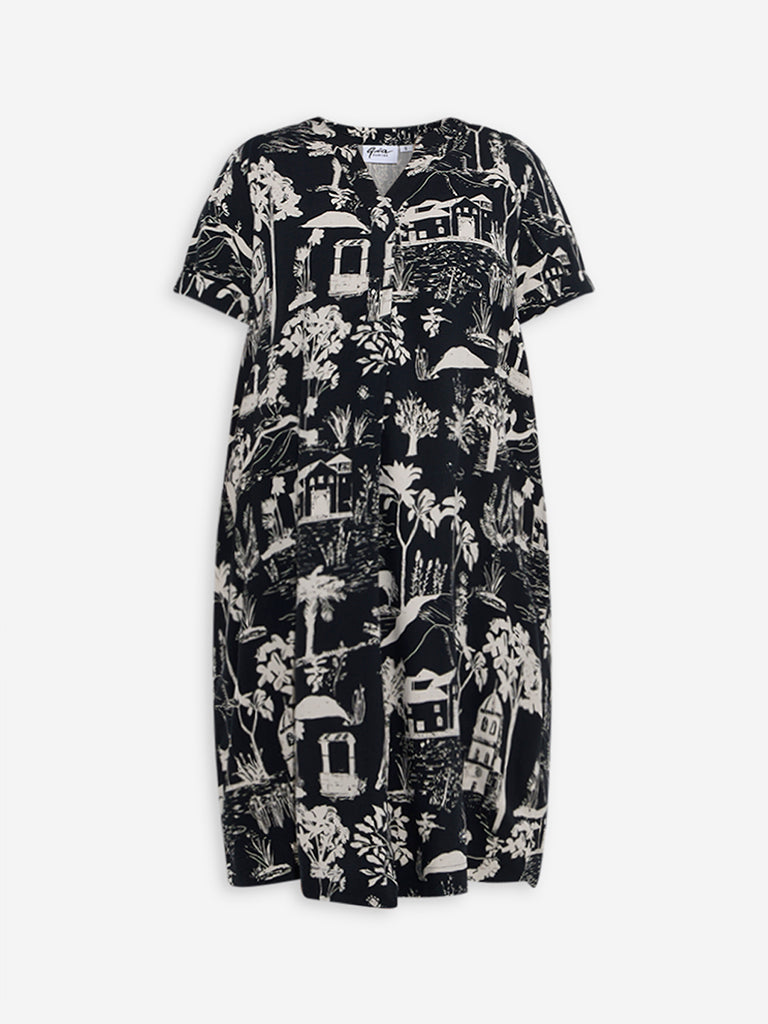 Gia Black Scenic-Inspired Cotton Straight Dress - Image 5