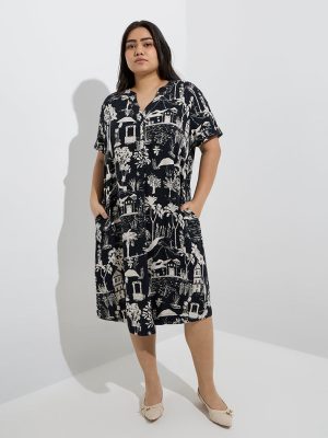 Gia Black Scenic-Inspired Cotton Straight Dress