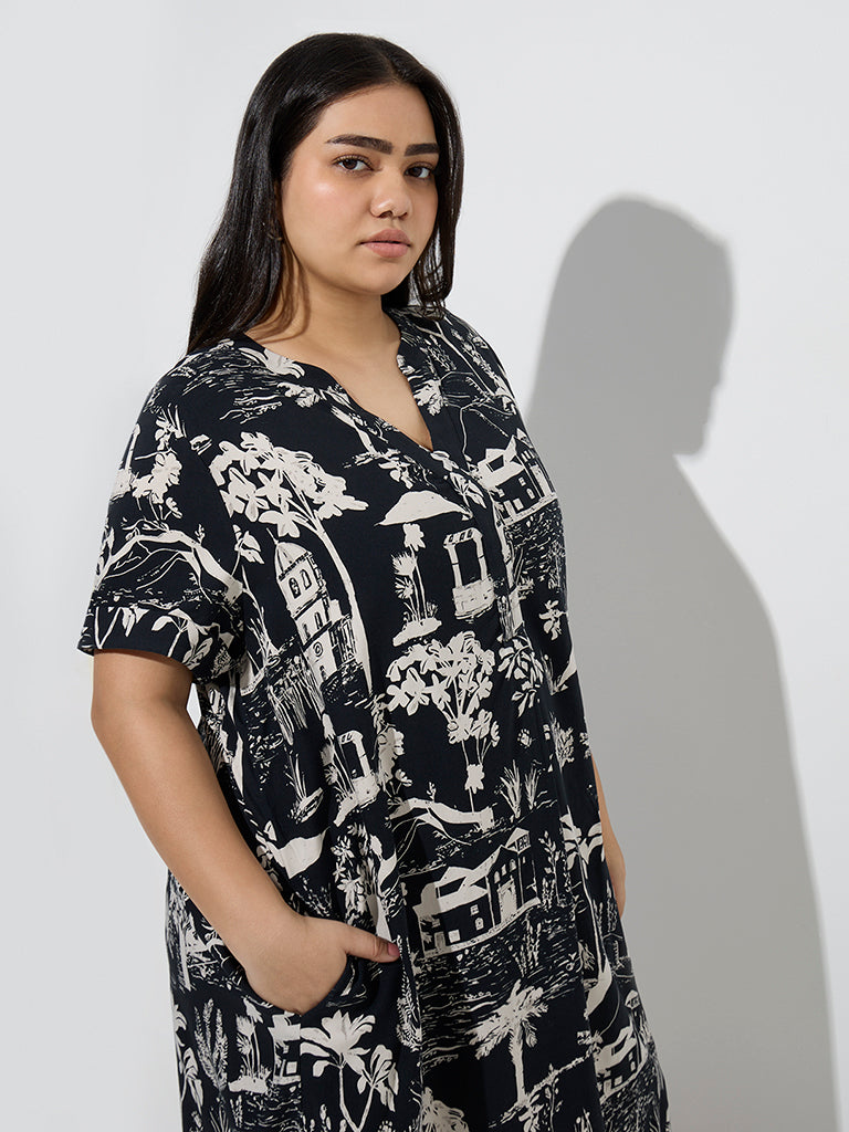 Gia Black Scenic-Inspired Cotton Straight Dress - Image 3