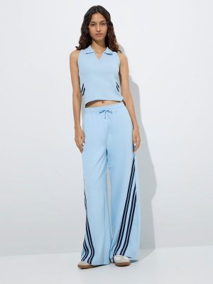 Studiofit Light Blue Striped High-Rise Cotton Track Pants