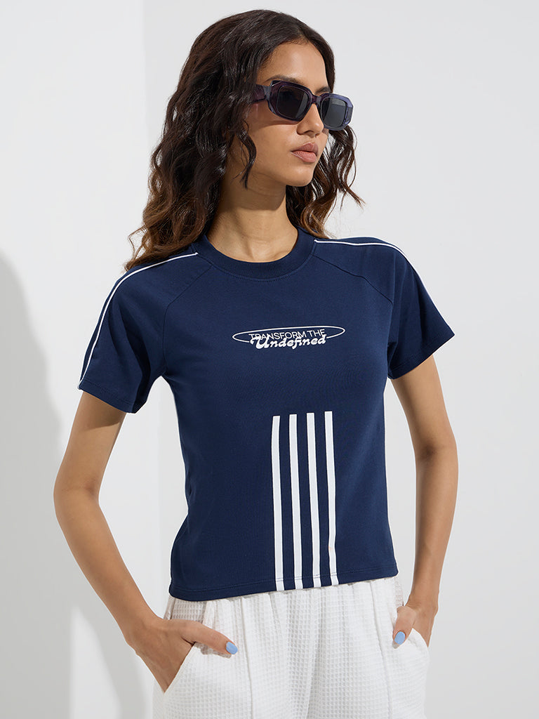 Studiofit Navy Printed Cotton-Blend T-Shirt - Image 2