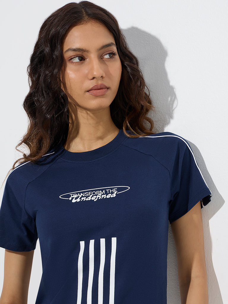 Studiofit Navy Printed Cotton-Blend T-Shirt - Image 3