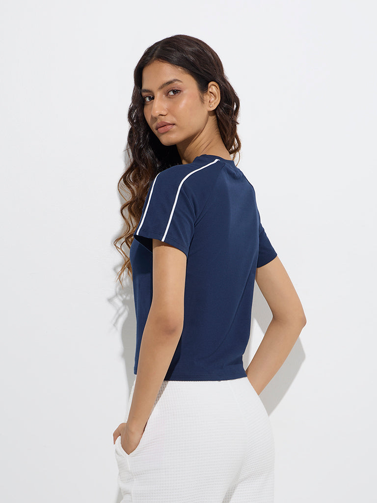 Studiofit Navy Printed Cotton-Blend T-Shirt - Image 4