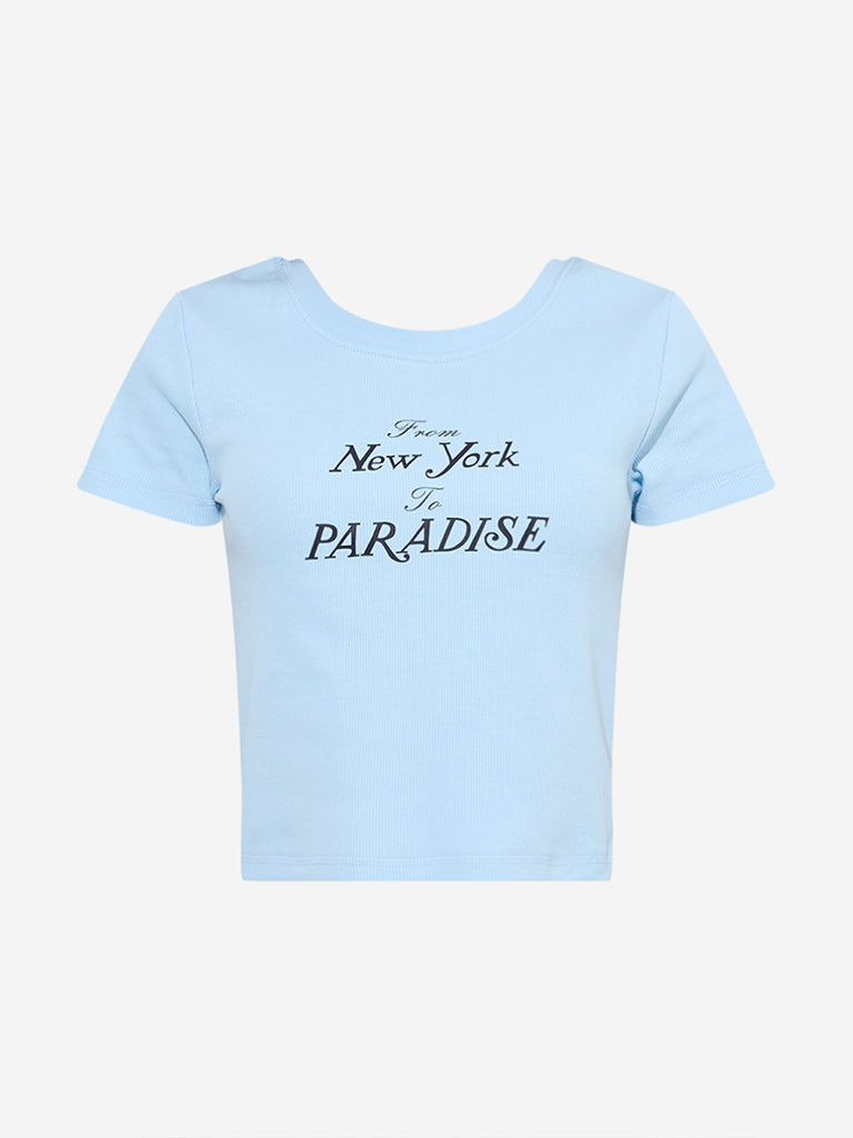 Studiofit Light Blue Text Detailed Ribbed T-Shirt - Image 5