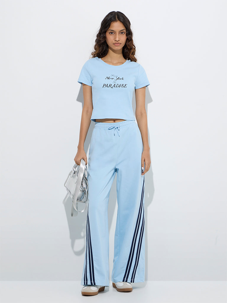 Studiofit Light Blue Text Detailed Ribbed T-Shirt