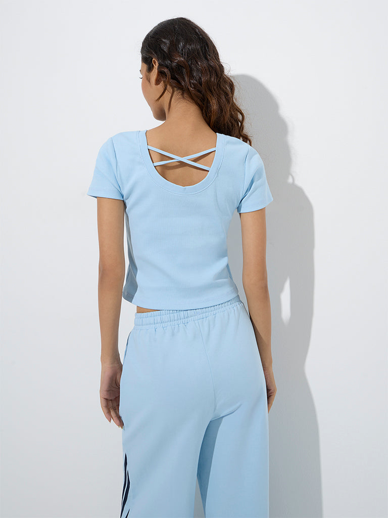 Studiofit Light Blue Text Detailed Ribbed T-Shirt - Image 4