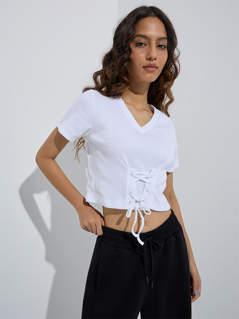 Studiofit White Criss-Cross Detailed Cotton-Blend Top