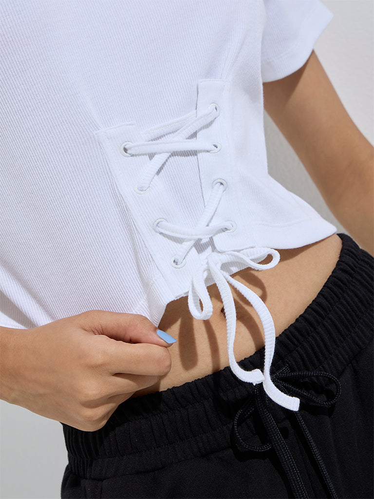 Studiofit White Criss-Cross Detailed Cotton-Blend Top - Image 3