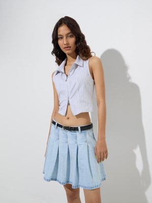 Nuon White Stripe Printed Cotton-Blend Top