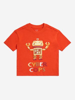 HOP Kids Orange Robot Embossed Cotton T-Shirt