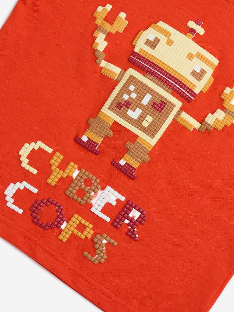 HOP Kids Orange Robot Embossed Cotton T-Shirt - Image 3