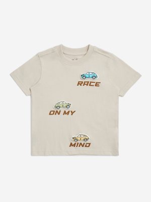 HOP Kids Beige Car Printed Cotton T-Shirt