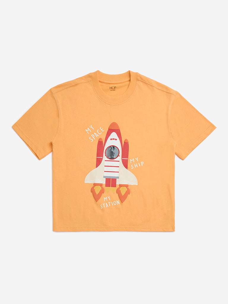 HOP Kids Orange Graphic Printed Cotton T-Shirt
