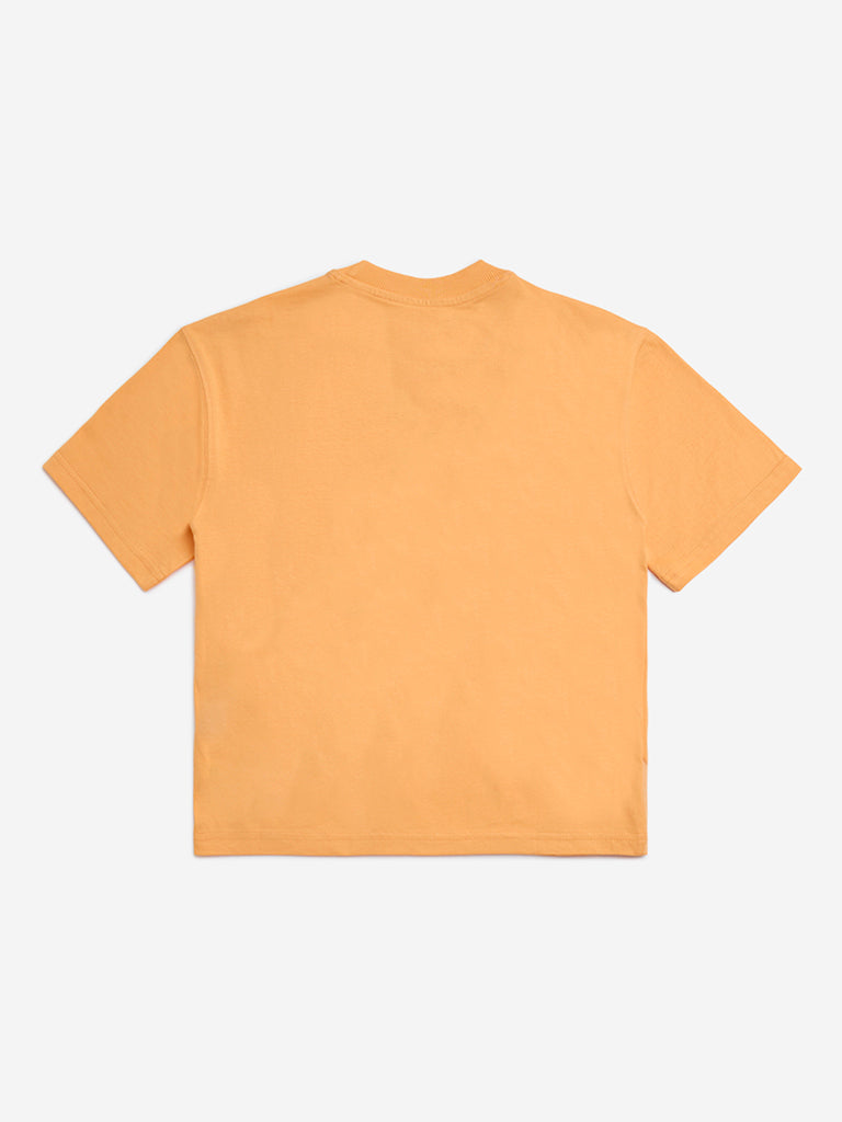 HOP Kids Orange Graphic Printed Cotton T-Shirt - Image 2