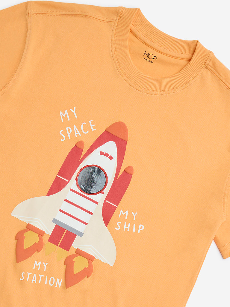HOP Kids Orange Graphic Printed Cotton T-Shirt - Image 3