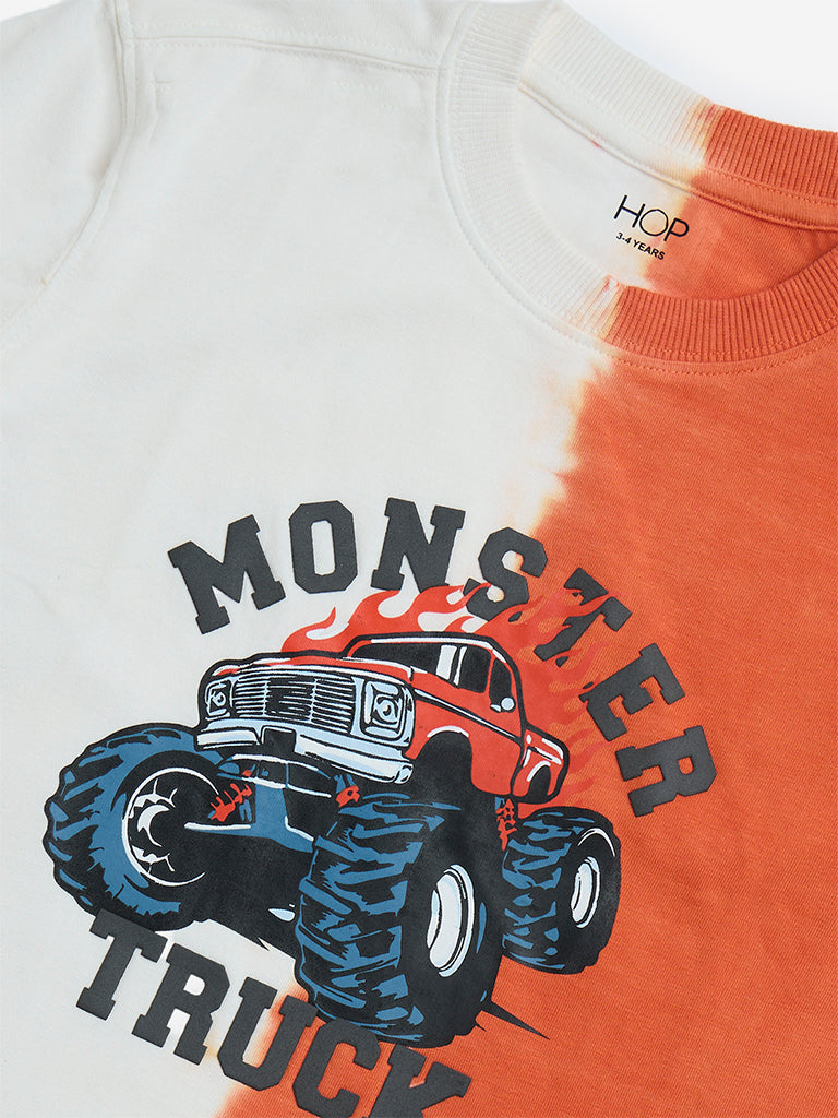 HOP Kids Orange Printed Cotton T-Shirt - Image 3
