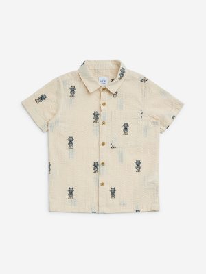 HOP Kids Beige Seersucker Cotton-Blend Shirt