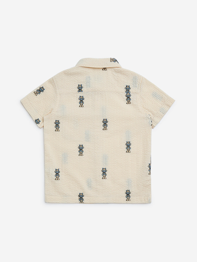 HOP Kids Beige Seersucker Cotton-Blend Shirt - Image 2