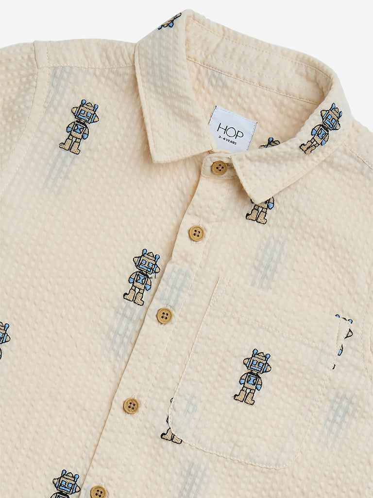 HOP Kids Beige Seersucker Cotton-Blend Shirt - Image 3