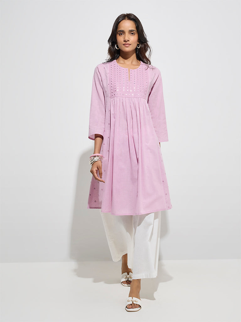 Utsa Lilac Mirror-Detailed Cotton A-Line Kurta