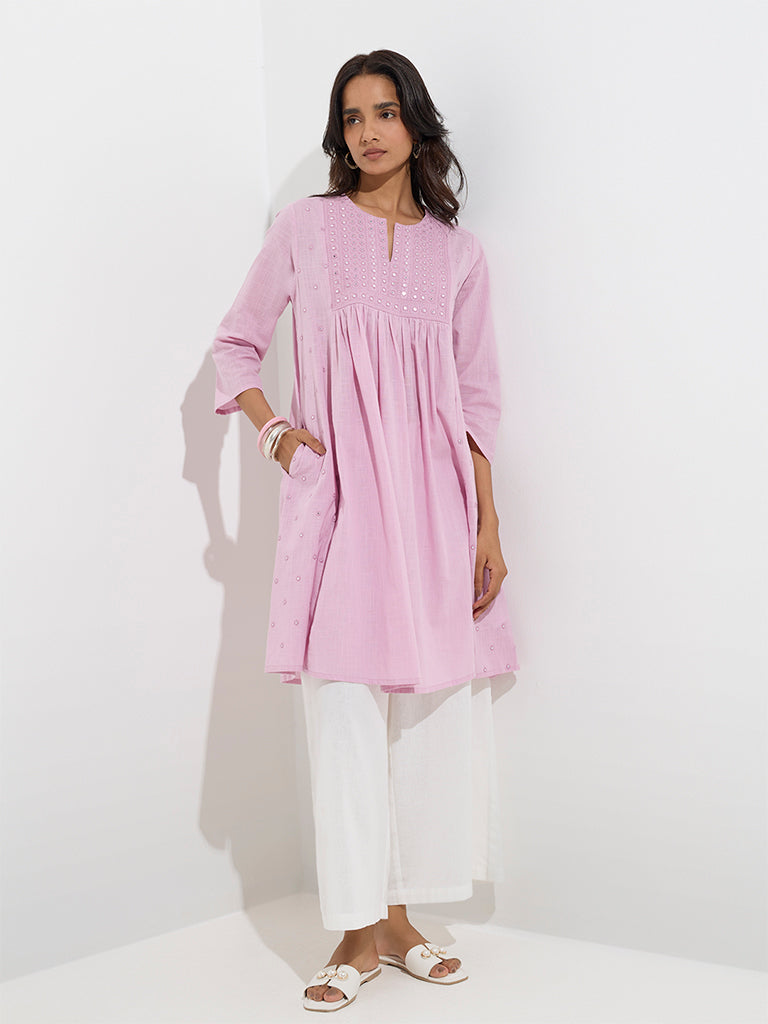 Utsa Lilac Mirror-Detailed Cotton A-Line Kurta - Image 2