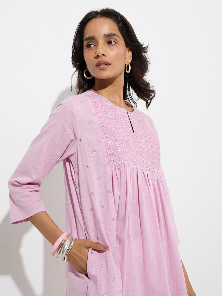 Utsa Lilac Mirror-Detailed Cotton A-Line Kurta - Image 3