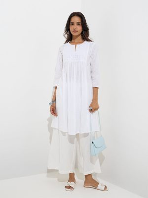 Utsa White Mirror-Detailed A-Line Cotton Kurta