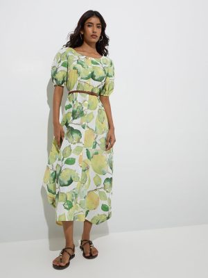 Utsa Lime Botanical Design Cotton A-Line Dress with Belt