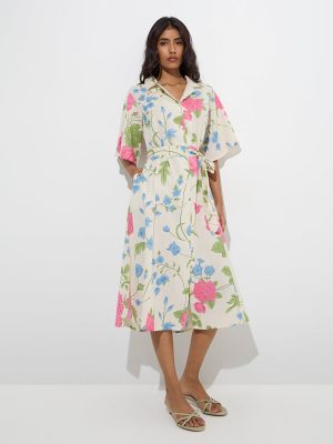 Utsa Off-White Floral Detailed Cotton-Blend Shirt Dress with Belt