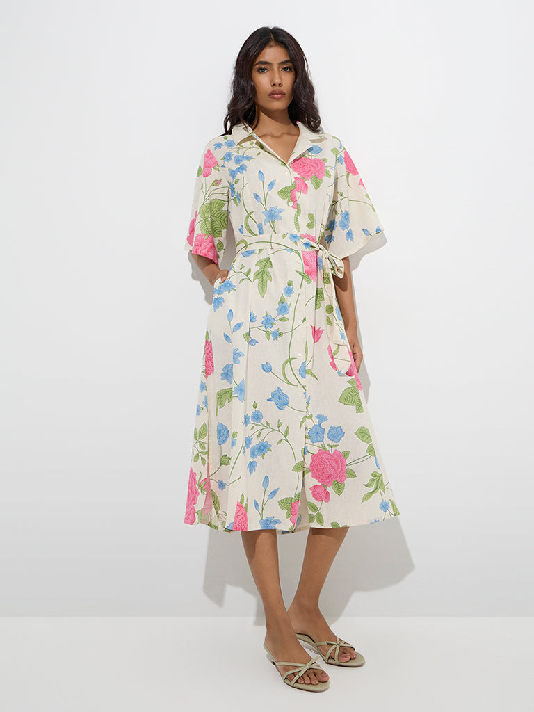 Utsa Off-White Floral Detailed Cotton-Blend Shirt Dress with Belt