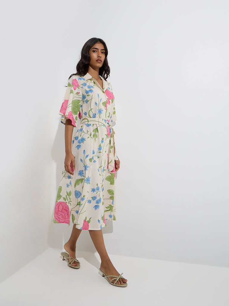 Utsa Off-White Floral Detailed Cotton-Blend Shirt Dress with Belt - Image 2