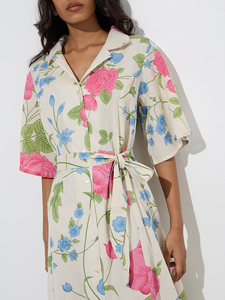 Utsa Off-White Floral Detailed Cotton-Blend Shirt Dress with Belt - Image 3