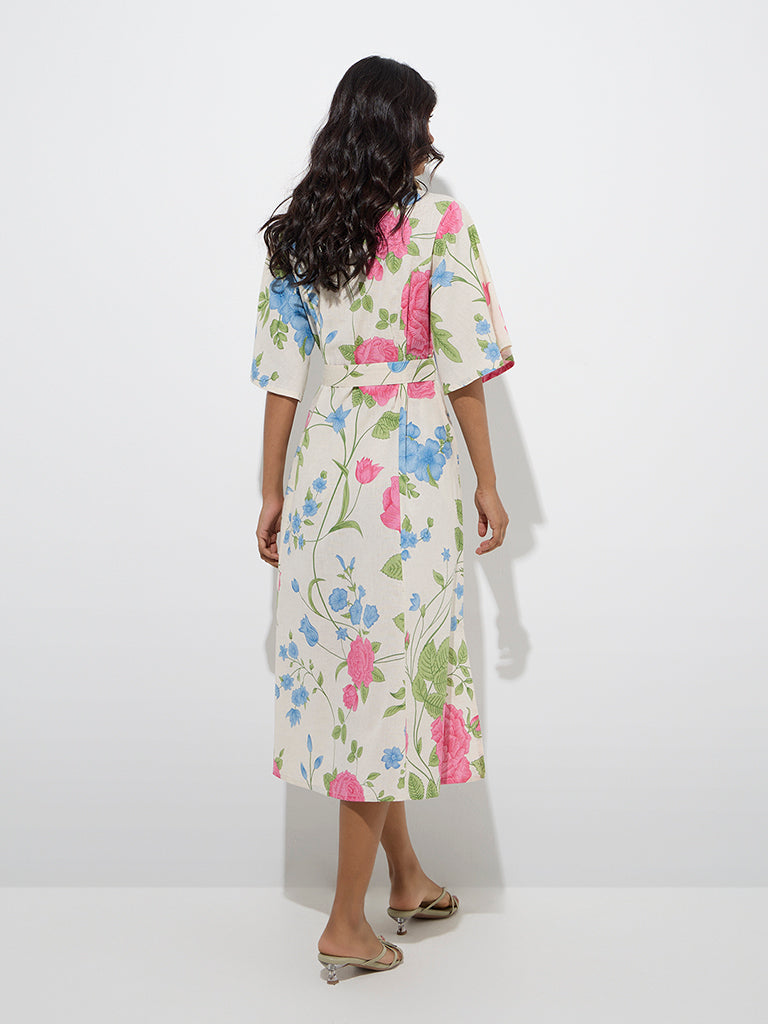 Utsa Off-White Floral Detailed Cotton-Blend Shirt Dress with Belt - Image 4