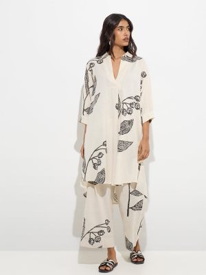Utsa Off-White Botanical High-Low Cotton-Blend Kurta