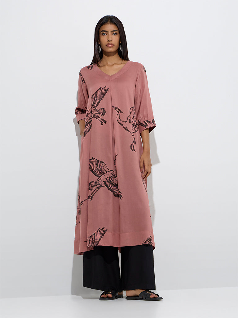 Utsa Dusty Peach Bird Printed A-Line Kurta