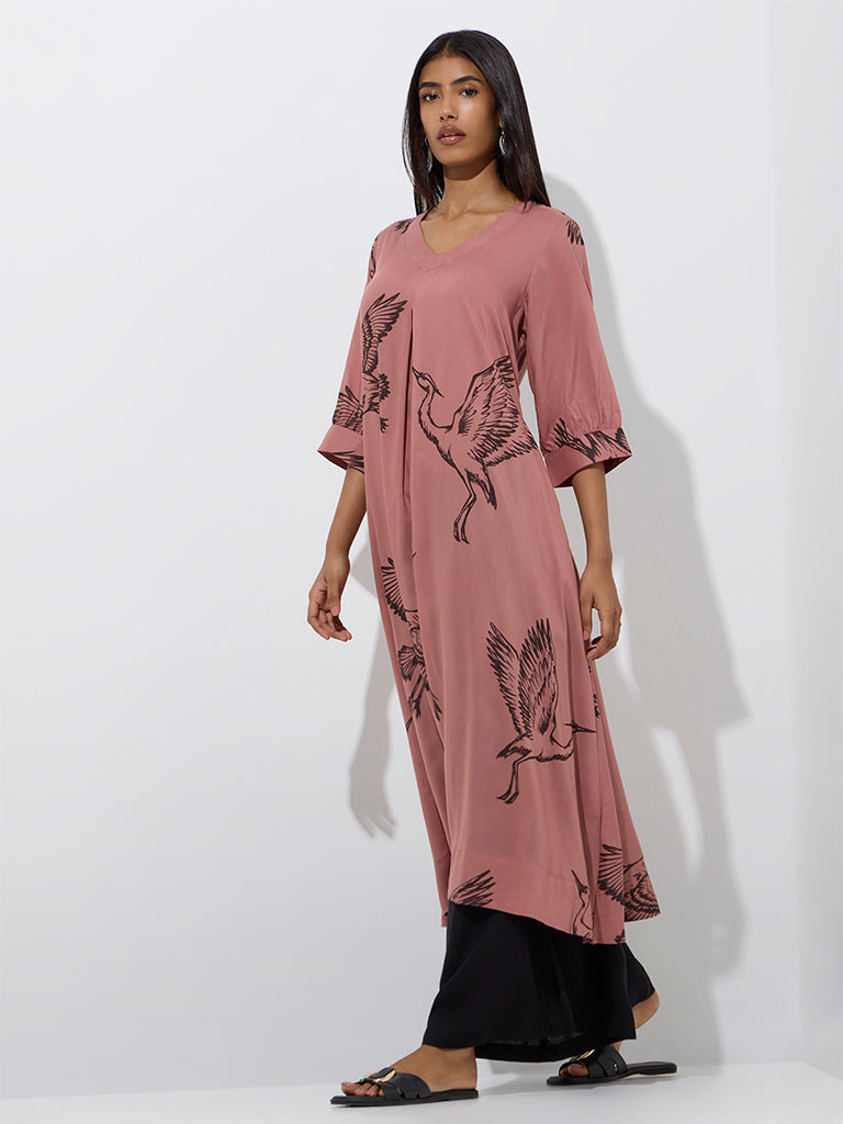 Utsa Dusty Peach Bird Printed A-Line Kurta - Image 2