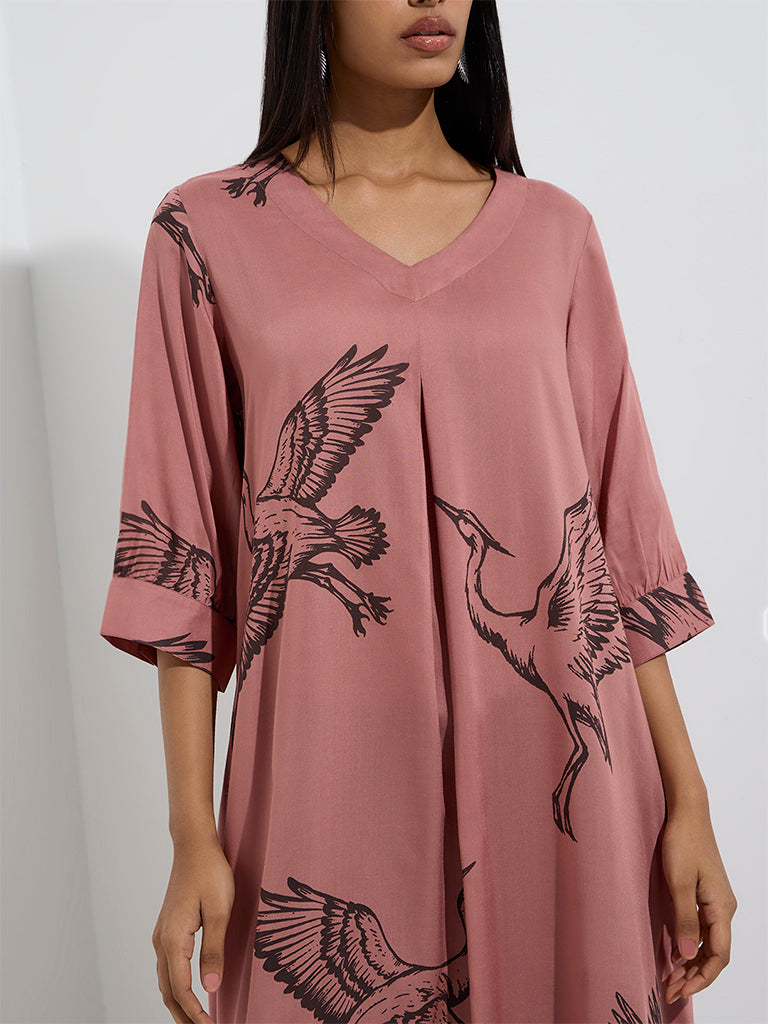 Utsa Dusty Peach Bird Printed A-Line Kurta - Image 3