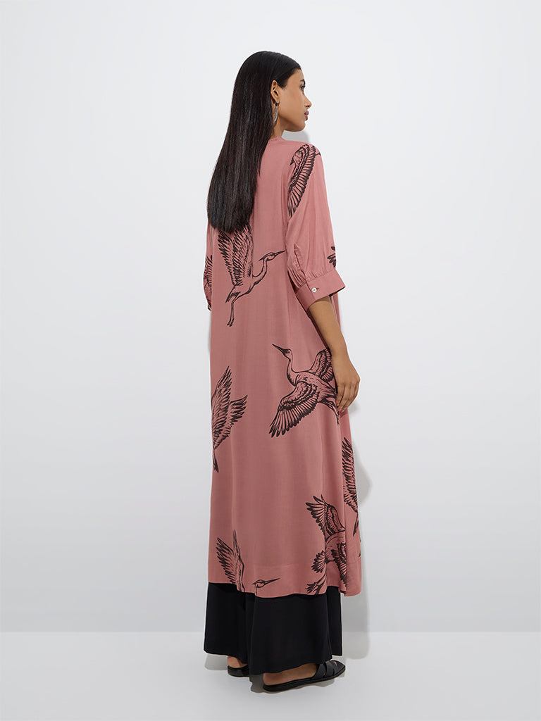 Utsa Dusty Peach Bird Printed A-Line Kurta - Image 4