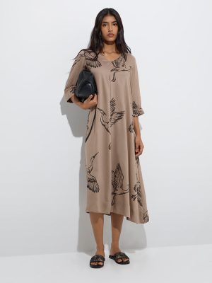 Utsa Taupe Bird Printed A-Line Dress