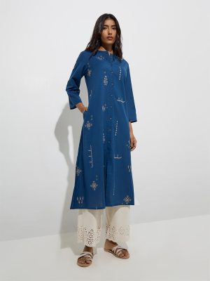 Utsa Blue Embroidered Cotton-Blend A-Line Kurta