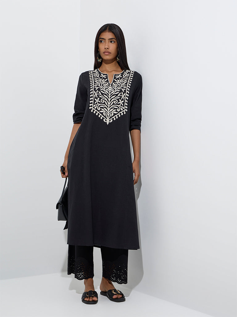 Utsa Black Leaf Design Cotton-Blend A-Line Kurta - Image 2
