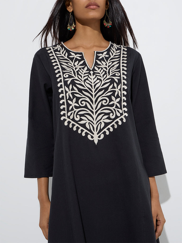 Utsa Black Leaf Design Cotton-Blend A-Line Kurta - Image 3