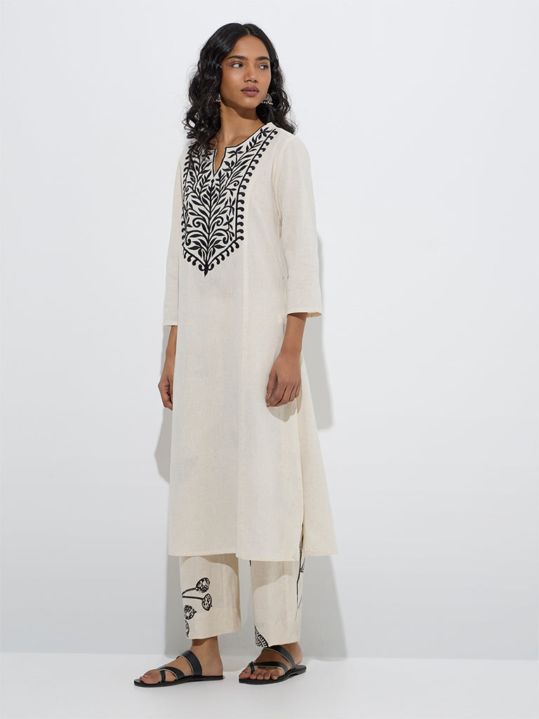 Utsa Off-White Leaf Design Cotton-Blend A-Line Kurta