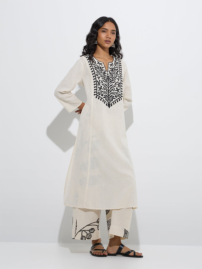 Utsa Off-White Leaf Design Cotton-Blend A-Line Kurta - Image 2
