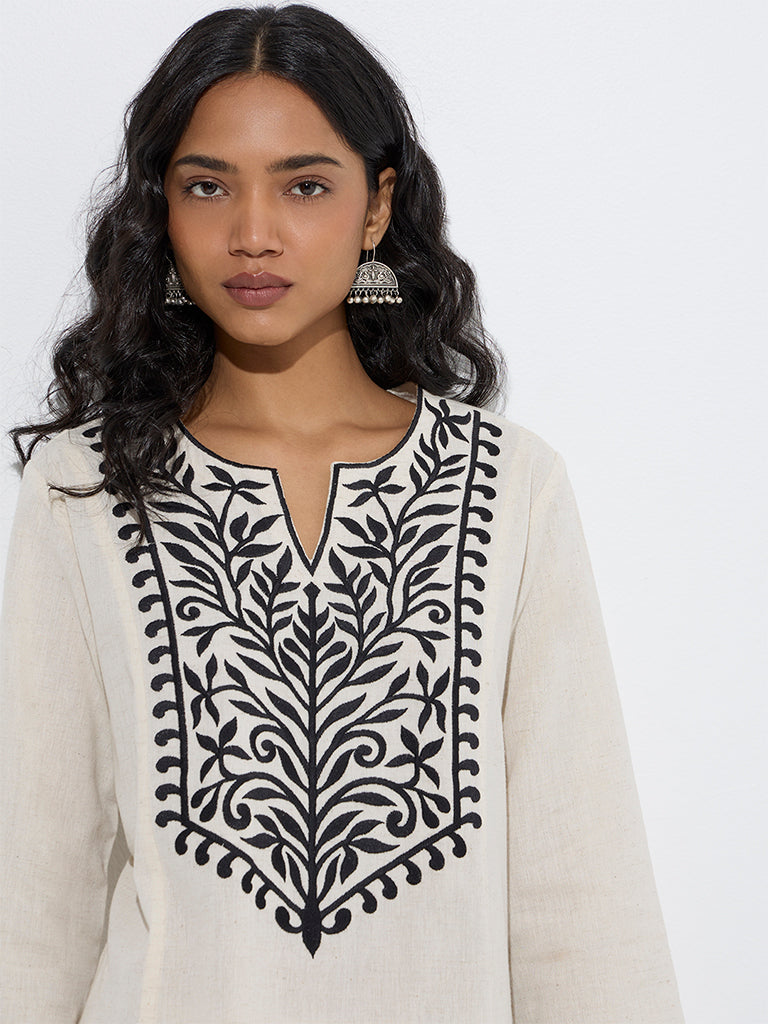 Utsa Off-White Leaf Design Cotton-Blend A-Line Kurta - Image 3