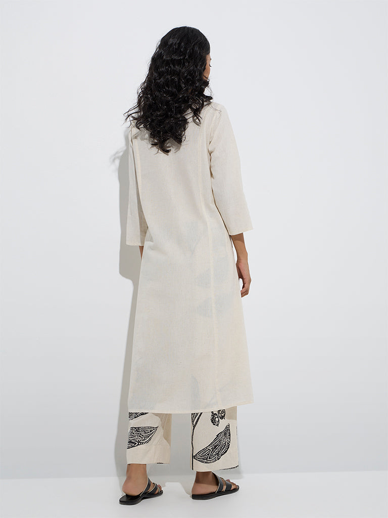 Utsa Off-White Leaf Design Cotton-Blend A-Line Kurta - Image 4