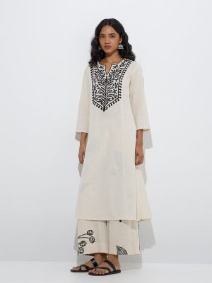 Utsa Off-White Botanical Design Cotton-Blend Palazzos