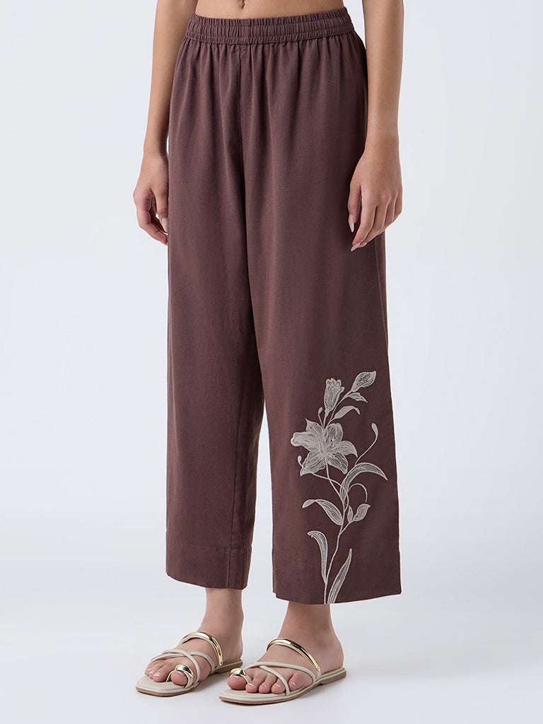 Utsa Brown Floral Embroidered Cotton-Blend Pants