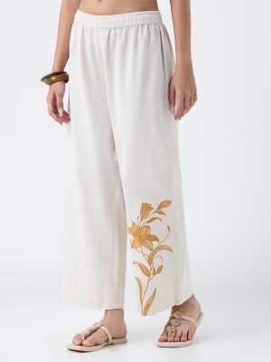 Utsa Off-White Floral Embroidered Cotton-Blend Pants